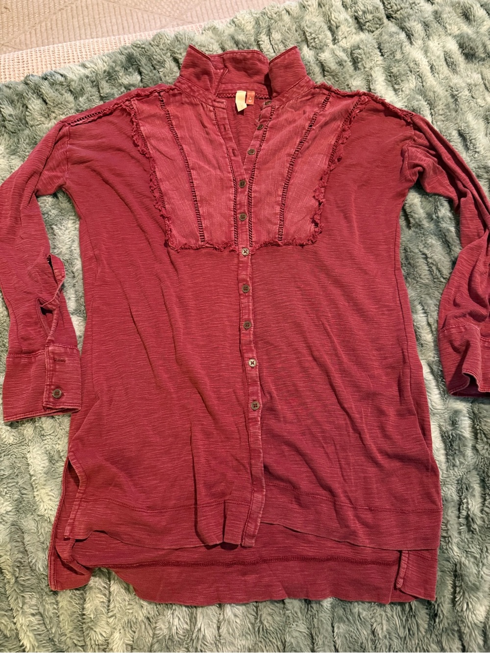 Pilcro Vintage-Inspired Button Front Ruffled Bib Blouse in Deep Wine